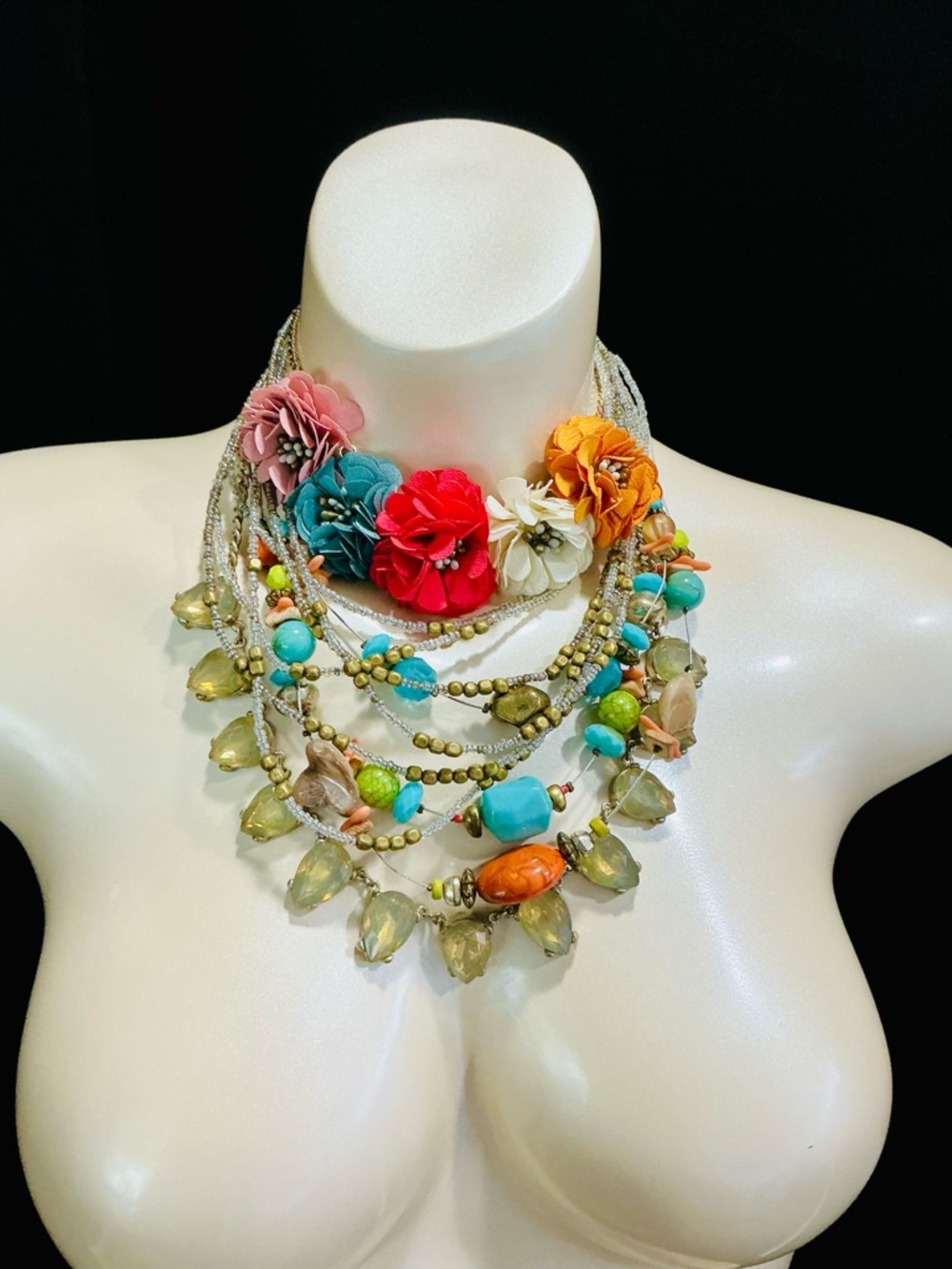 Multicolor Natural Spring Fabric Floral Beaded Multi Layered Statement Necklace